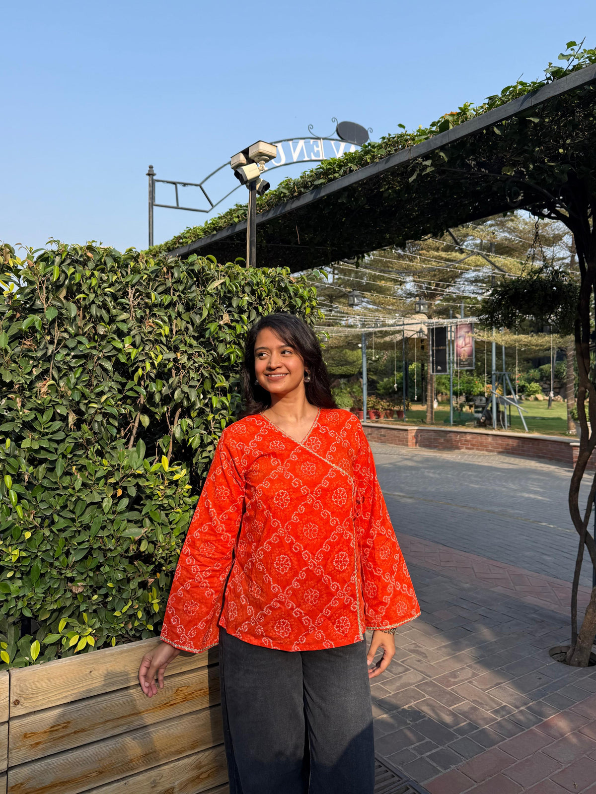 Orange Bandhani wrap-tie kurti