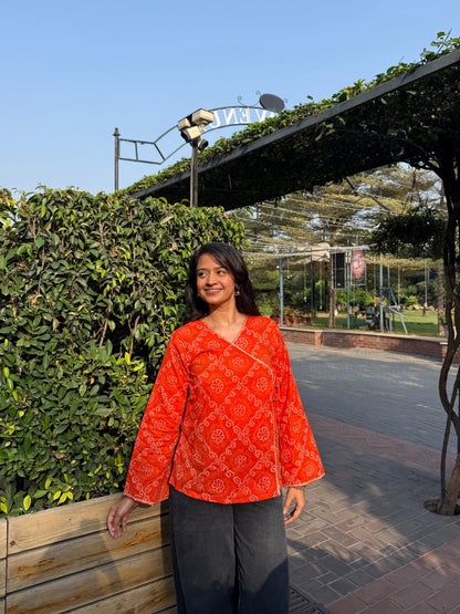 Orange Bandhani wrap-tie kurti