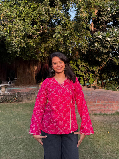 Pink Bandhani wrap-tie kurti