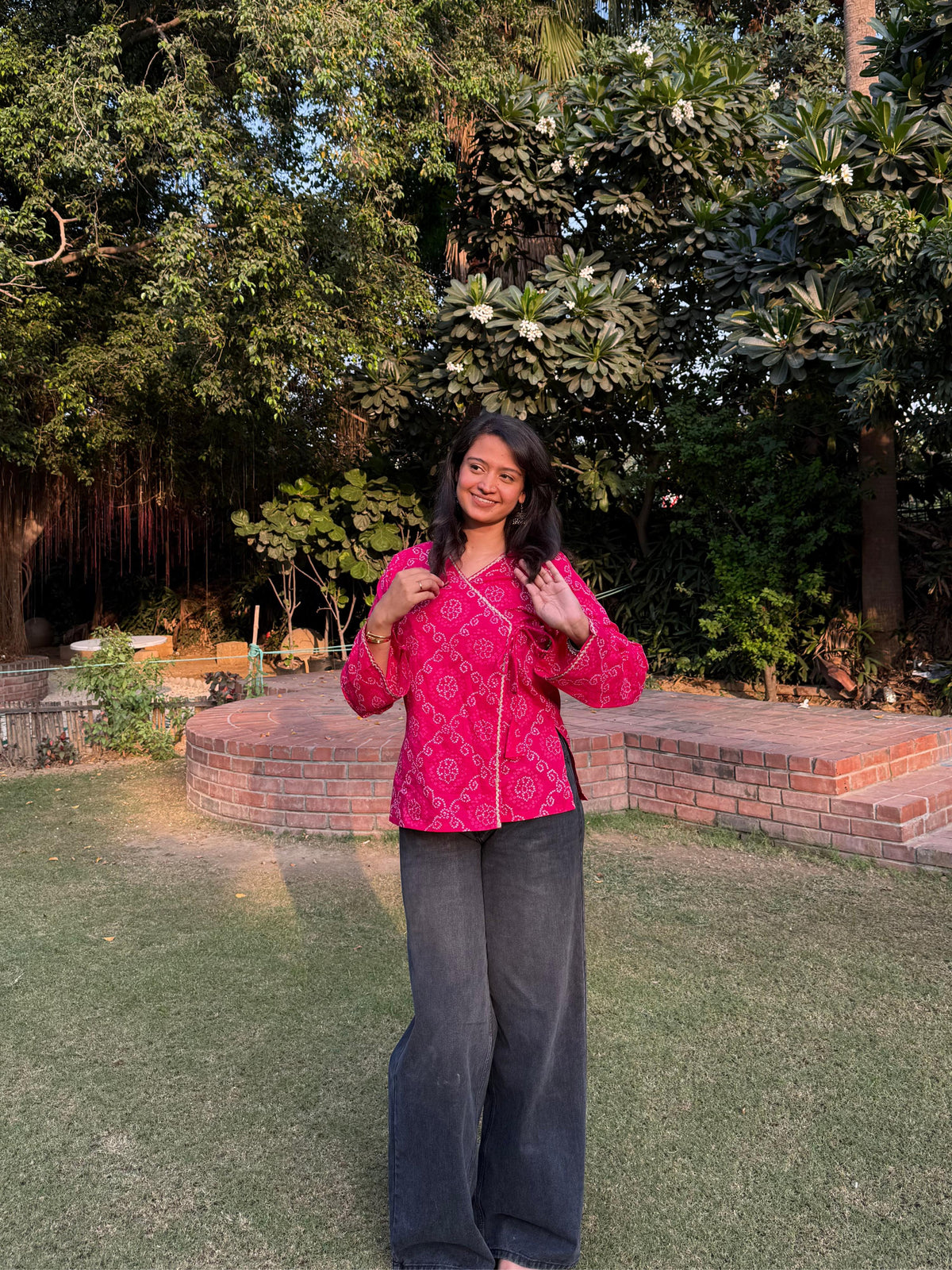 Pink Bandhani wrap-tie kurti
