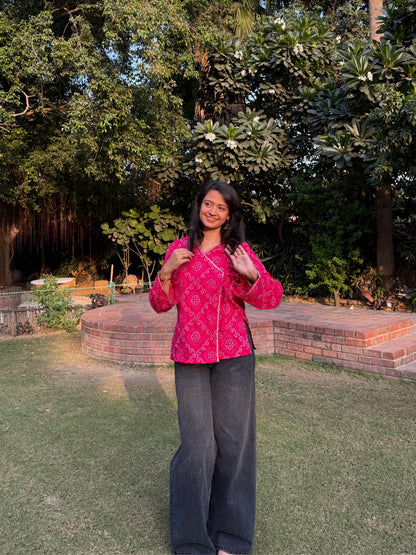 Pink Bandhani wrap-tie kurti