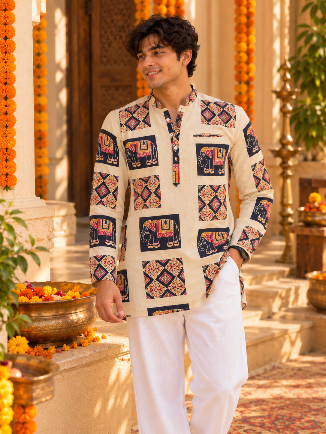 Elephant print Short Kurta - Men