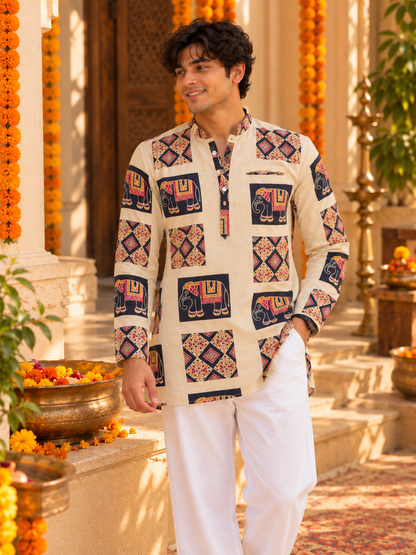 Elephant print Short Kurta - Men