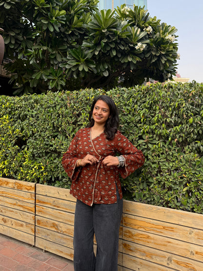 Brown Bandhani wrap-tie kurti