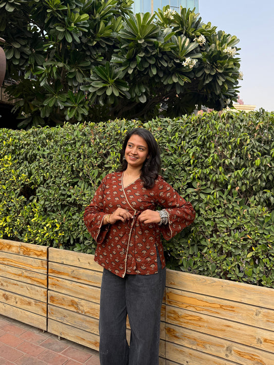 Brown Bandhani wrap-tie kurti