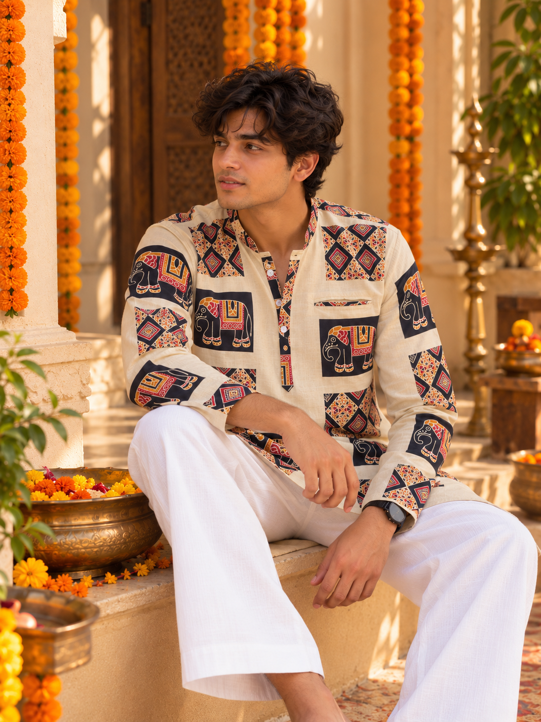 Elephant print Short Kurta - Men