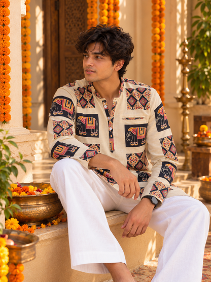 Elephant print Short Kurta - Men