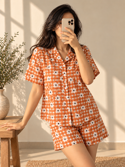 Orange Flower Night Suit Set