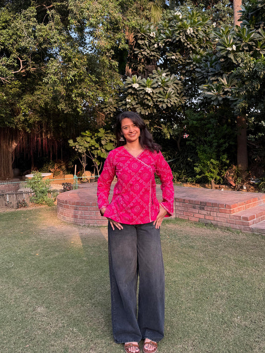 Pink Bandhani wrap-tie kurti