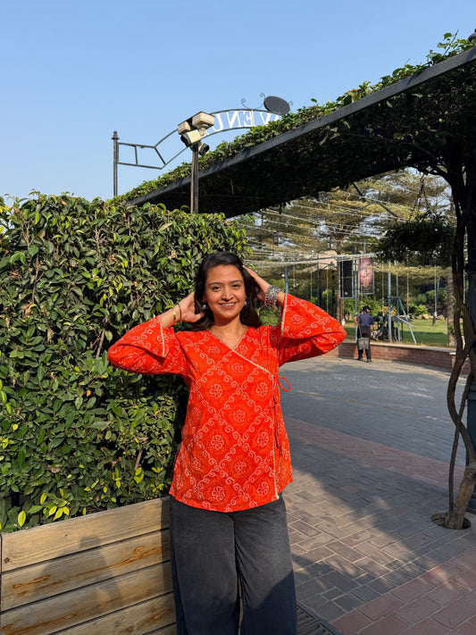Orange Bandhani wrap-tie kurti
