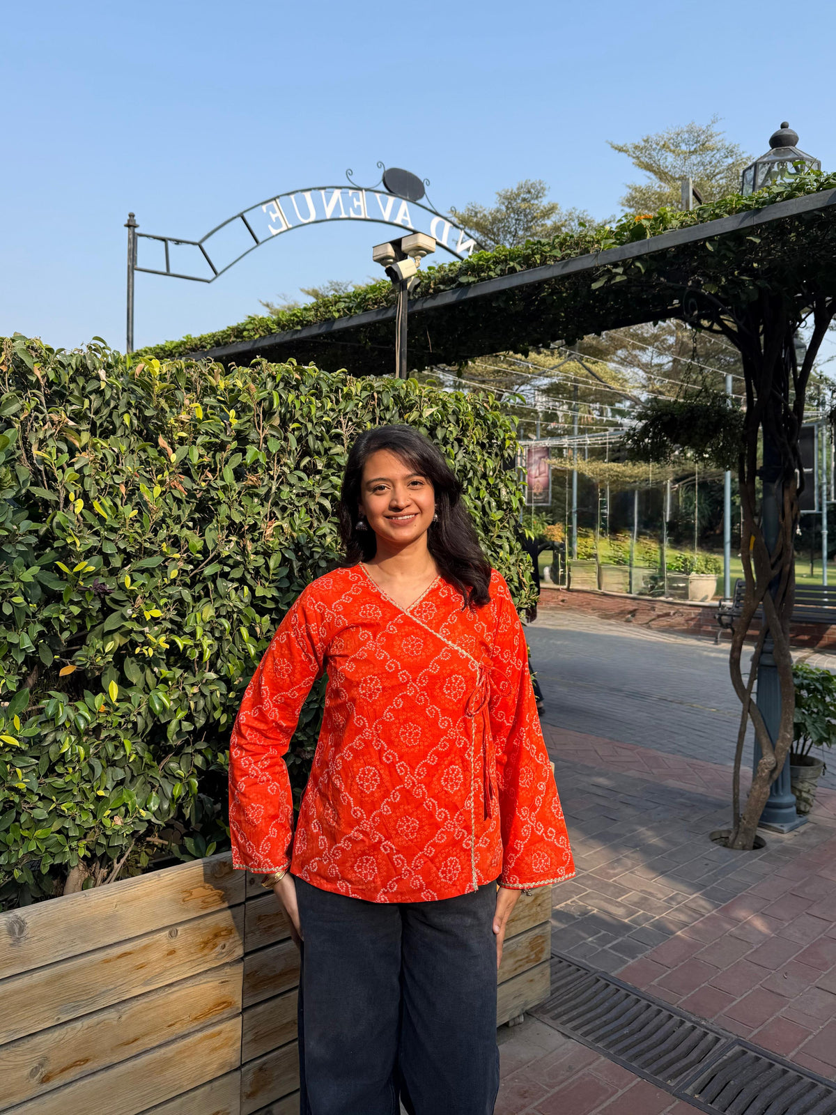 Orange Bandhani wrap-tie kurti