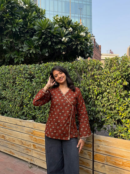 Brown Bandhani wrap-tie kurti